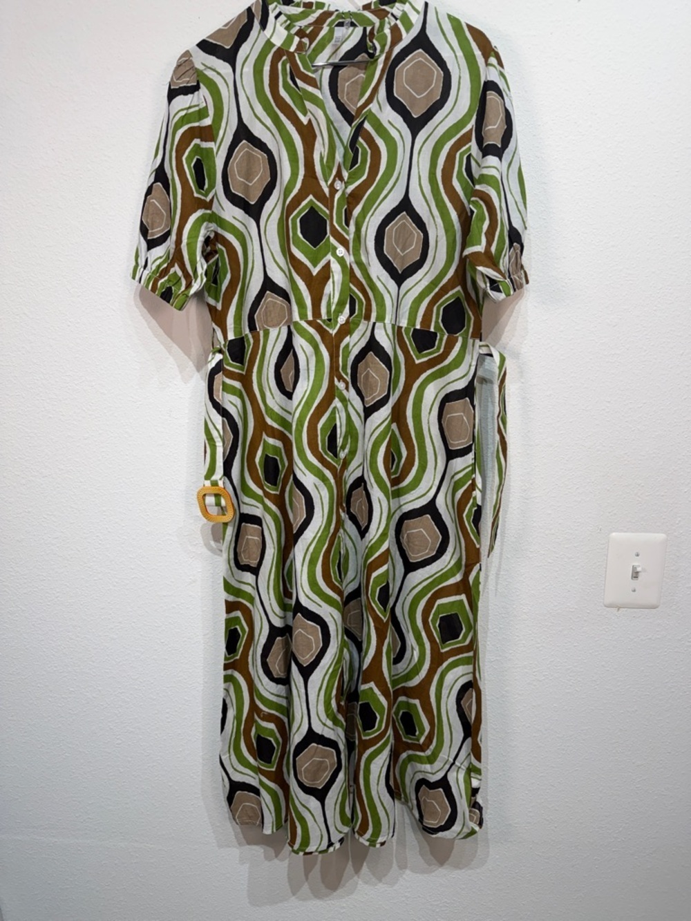 Kaktus Retro button down Cotton Geometric Midi Dress size XL in Green - Picture 2 of 11